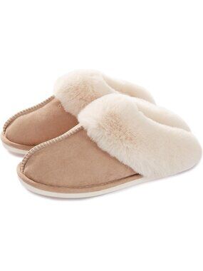 Women's Tan Fluffy Non Slip Slippers Memory Foam Warm Cozy Indoor House Shoes